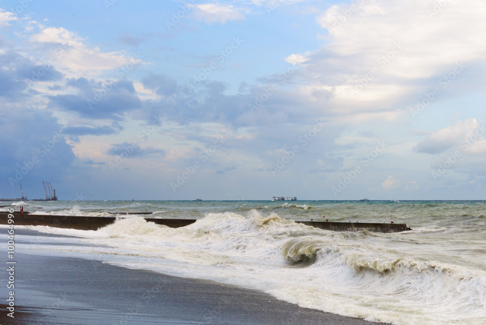 Storm waves roll on coast.