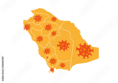 Illustration of Mers-Cov Flu Corona Virus Icons Spread all over Saudi Arabia Map 