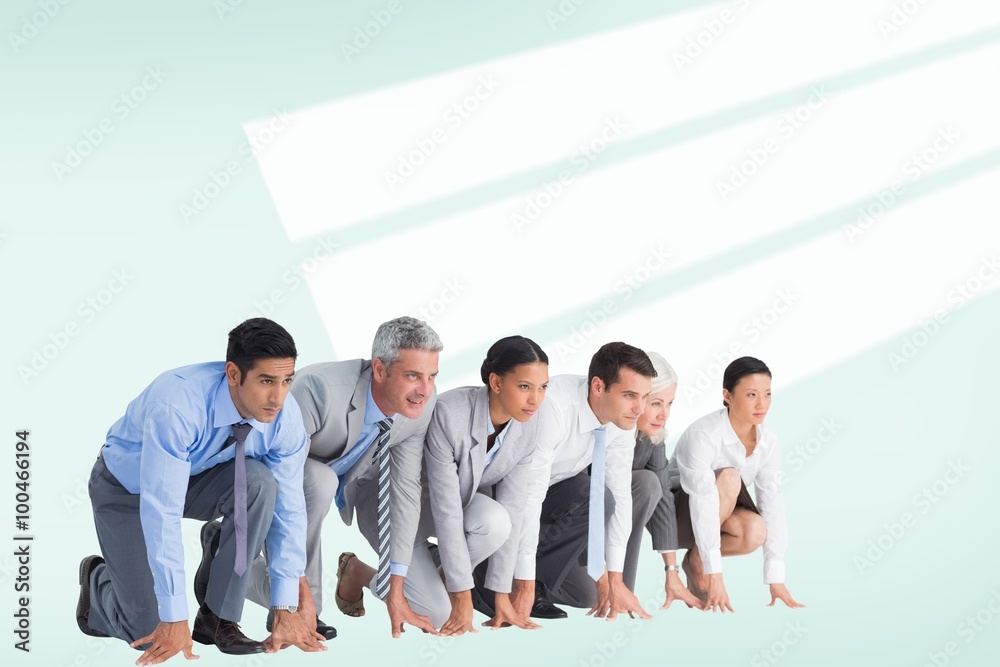 Fototapeta premium Composite image of business people preparing to run 