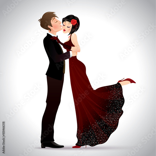 Vector illustration with a man in love kisses a young beautiful woman