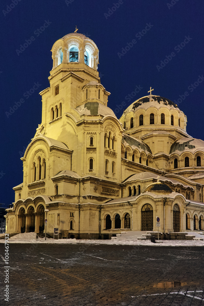 Night winter picture of Alexander Nevsky Cathedral, Sofia, Bulgaria