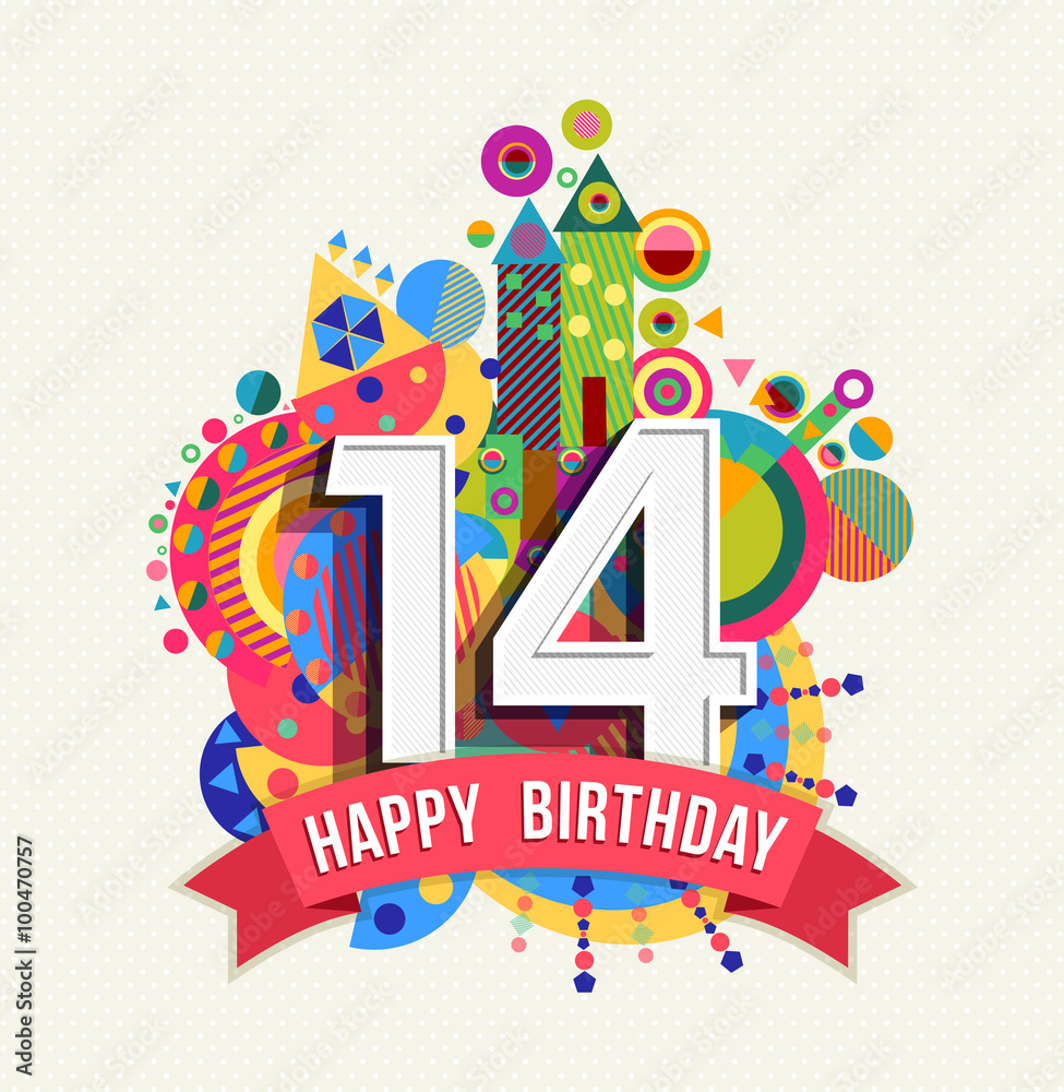 Happy birthday 14 year greeting card poster color Векторный объект Stock