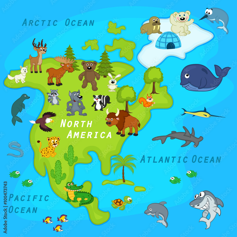 map of the North America with animals - vector illustration, eps map of the North America with animals - vector illustration, eps