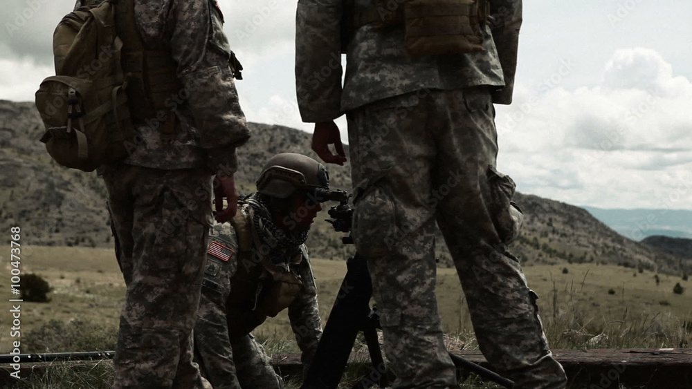 Instructor with soldiers on mortar range aiming mortar launcher. Instructor with soldiers on mortar range aiming mortar launcher.