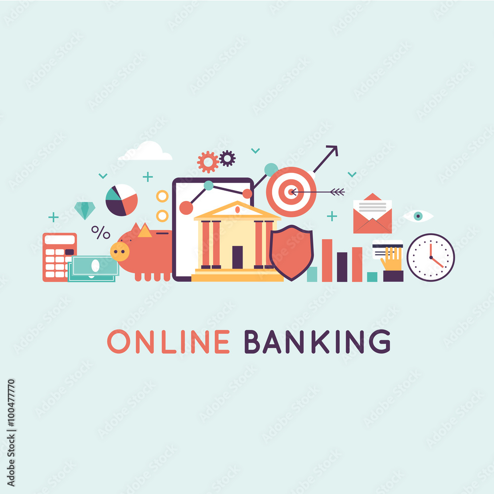 On-line banking, on-line payment time is money statistics and finance. Banner. Flat design vector illustration.