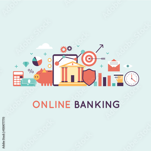 On-line banking, on-line payment time is money statistics and finance. Banner. Flat design vector illustration.