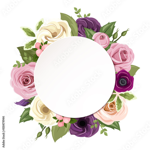 Vector circle background with pink, purple, orange and white roses, lisianthus and anemone flowers and green leaves.