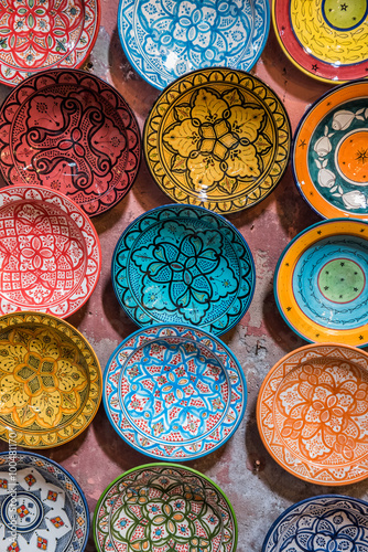 Traditional ceramic Moroccan bowls for sale in the souk in Marrakesh