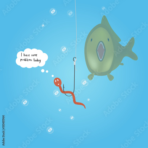 worm on  a hook on the blue background