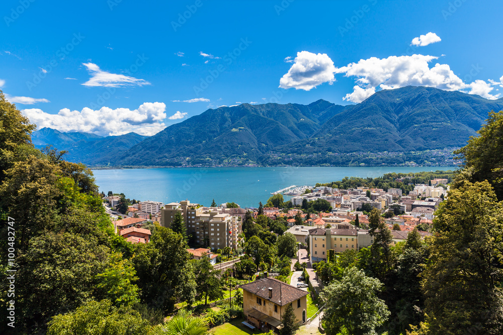 Obraz premium Aerial view of Locarno city and Mggiore lake