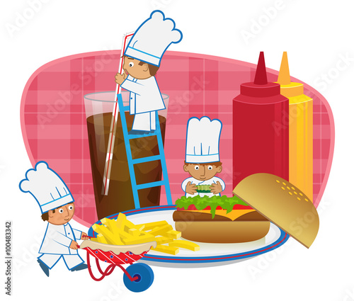 Chefs Making Burger - Cute cartoon chefs are making a fast food meal. Eps10