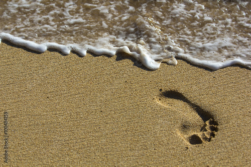Footprint at beach with waves
