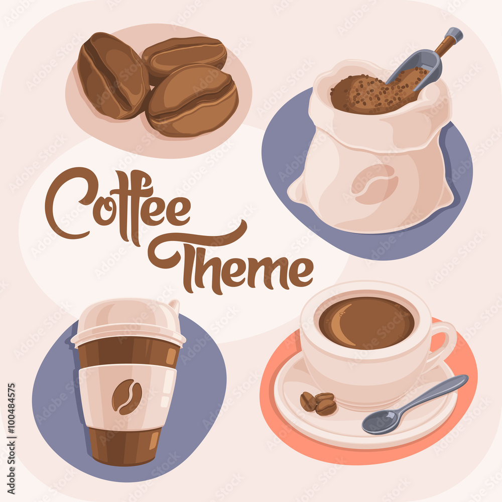 Obraz premium Coffee Theme Icons Set Isolated on Beige Background. (Coffee Beans, Bag, Paper Cup and Ceramic Cup). Vector Illustration.
