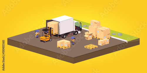 Cube World. Loading or unloading of the cardboard boxes. White truck and forklift