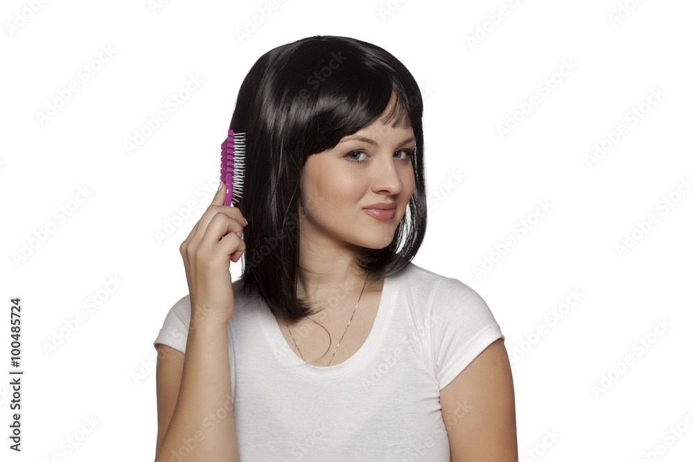 beautiful young woman posing with a short black wig beautiful young woman posing with a short black wig