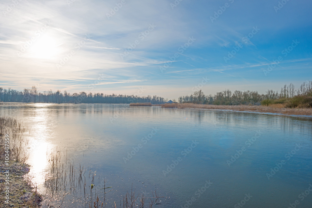 The shore of a frozen lake in sunlight 