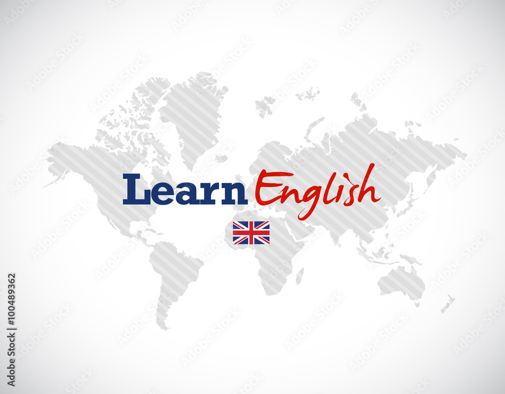 learn english sign over a world map.
