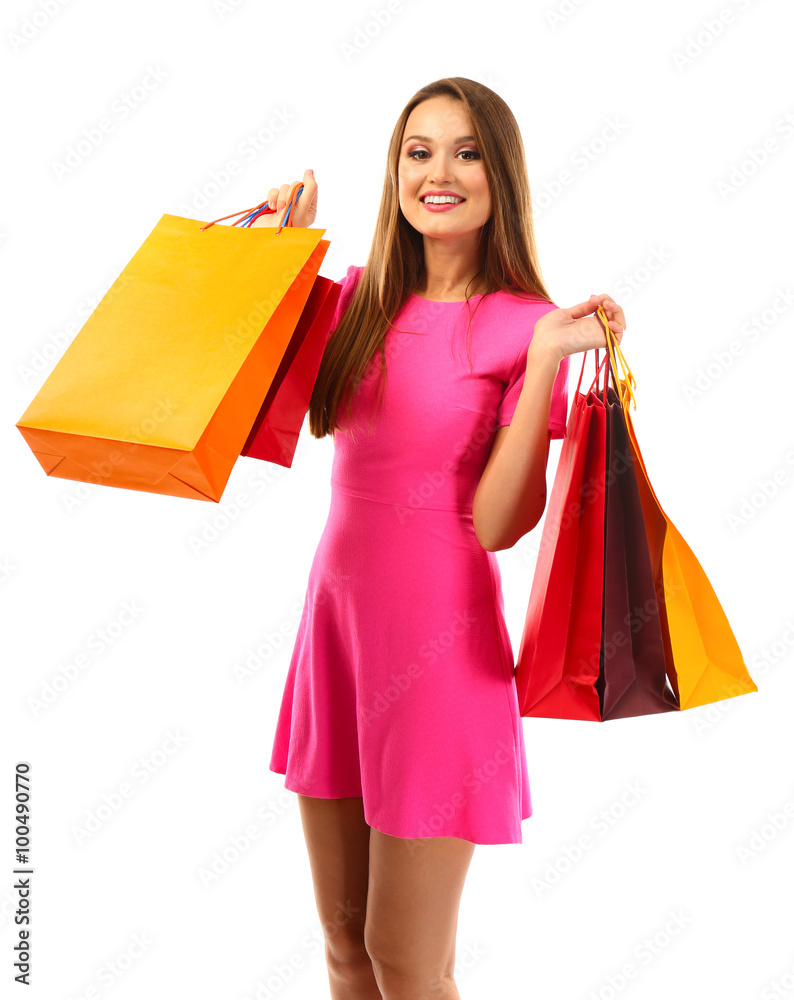 Young pretty woman with shopping packages isolated on white Young pretty woman with shopping packages isolated on white