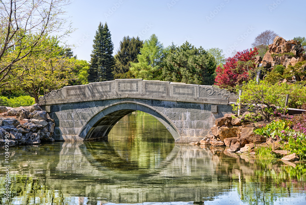 Stone bridge crosses a pond