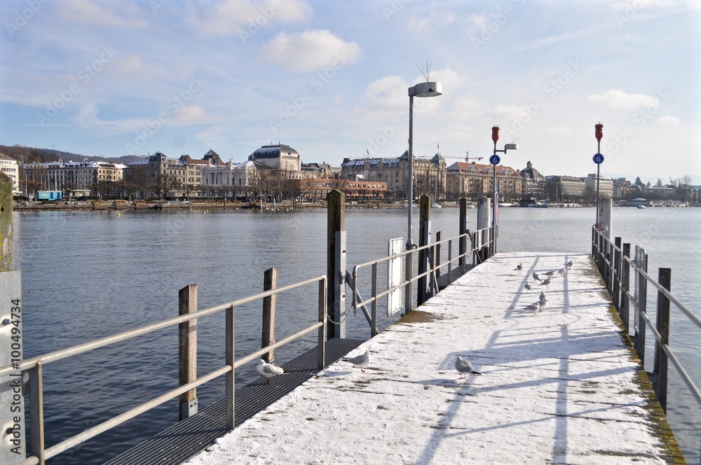 Winter in der Stadt Zürich, Schiffsteg / Schiffanlegestelle am Zürichsee beim Bürkliplatz, Schweiz