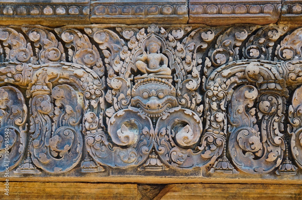 Carved friezes on the Banteay Srei (srey) temple near Angkor, Cambodia