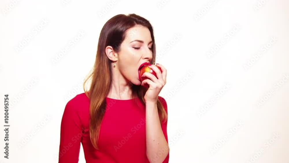 Woman Eating Red Apple Fruit Smiling Isolated on White Background Woman Eating Red Apple Fruit Smiling Isolated on White Background