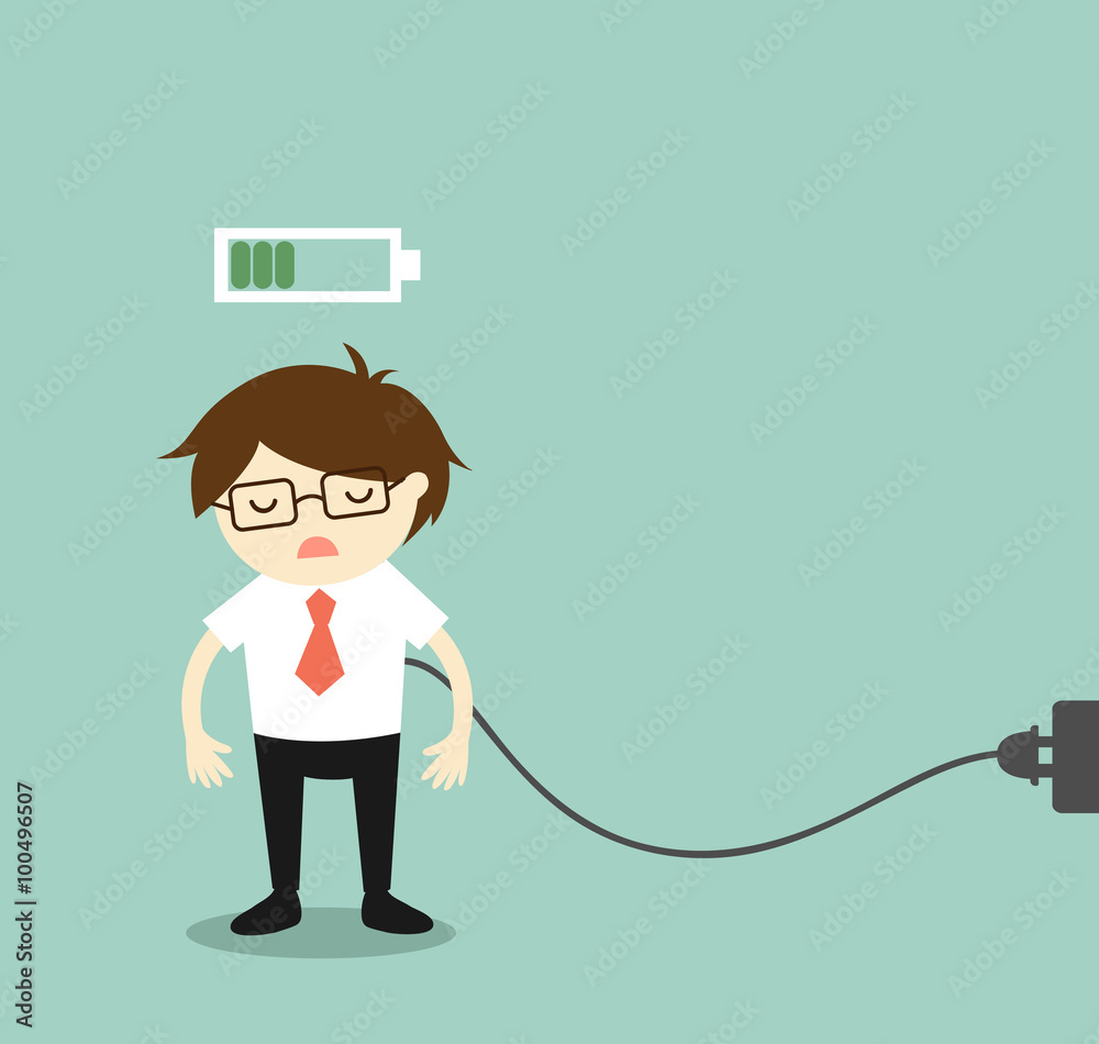 Business concept, Businessman feeling tired and charging battery. Vector illustration. Business concept, Businessman feeling tired and charging battery. Vector illustration.