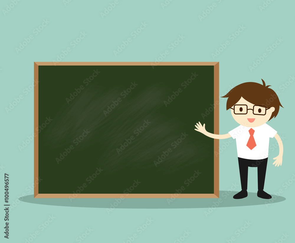 Business concept, Businessman standing in front of green chalkboard for presentation. Vector illustration. Business concept, Businessman standing in front of green chalkboard for presentation. Vector illustration.