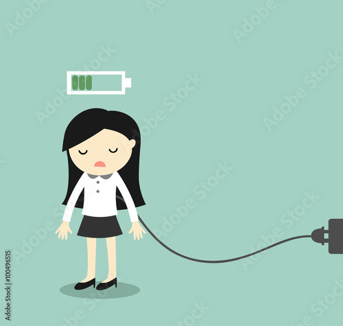 Business concept, Business woman feeling tired and charging battery. Vector illustration.