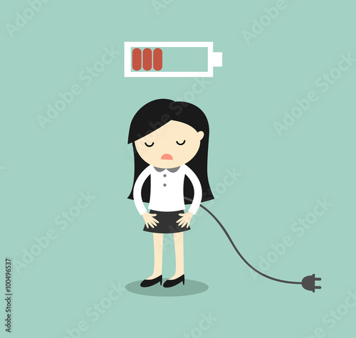 Business concept, Business woman feeling tired and low battery. Vector illustration.