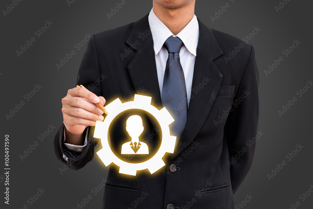Human resources management business man writing employee. Human resources management business man writing employee.