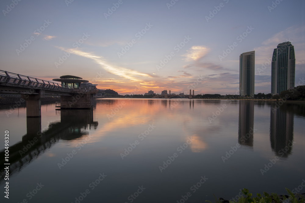 Scenery of main dam in Putrajaya with sunset background