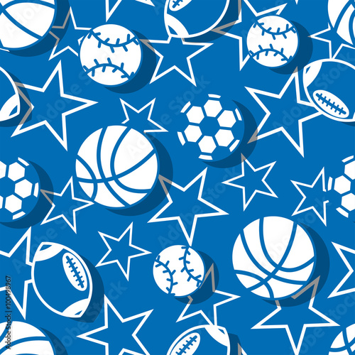Sports balls in blue and white seamless pattern