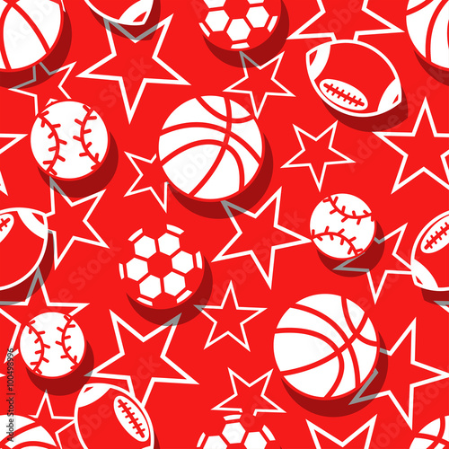 Sports balls in red and white seamless pattern