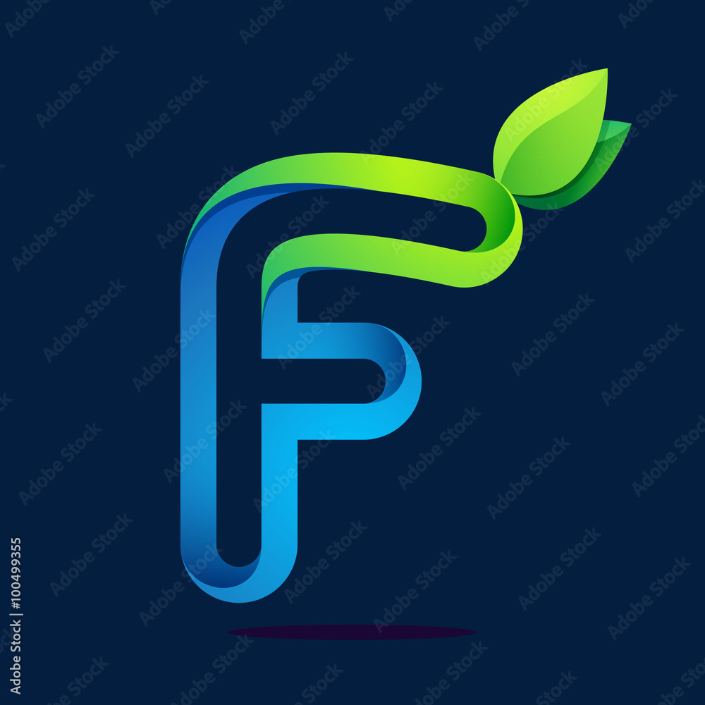 F letter with green leaves and water waves. F letter with green leaves and water waves.