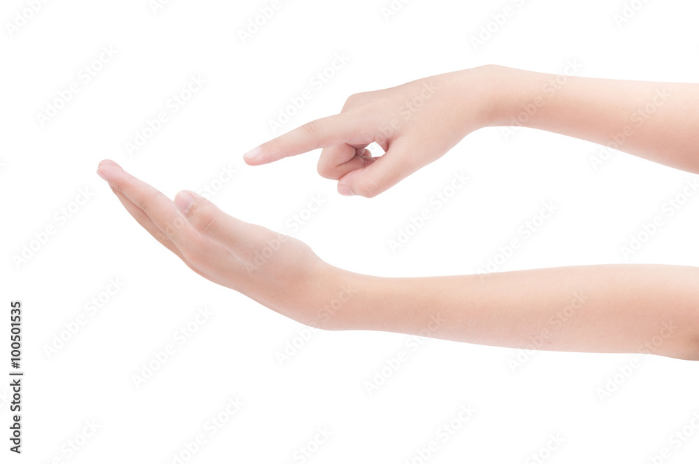 Hand hold gadget and hand touch on white background and clipping
