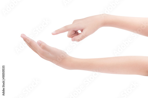 Hand hold gadget and hand touch on white background and clipping