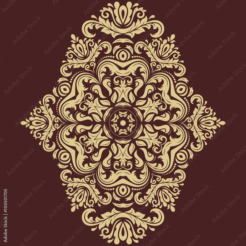 Oriental vertical golden pattern with arabesques and floral elements. Traditional classic ornament