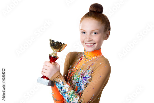 Champion girl holding prize photo