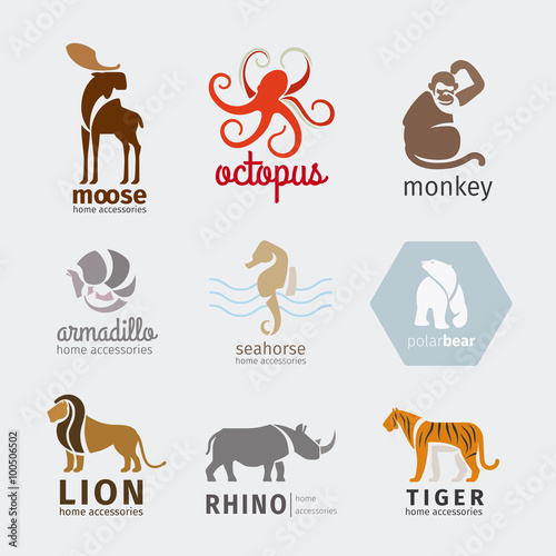 Animals vector logos, emblems and labels set in flat style
