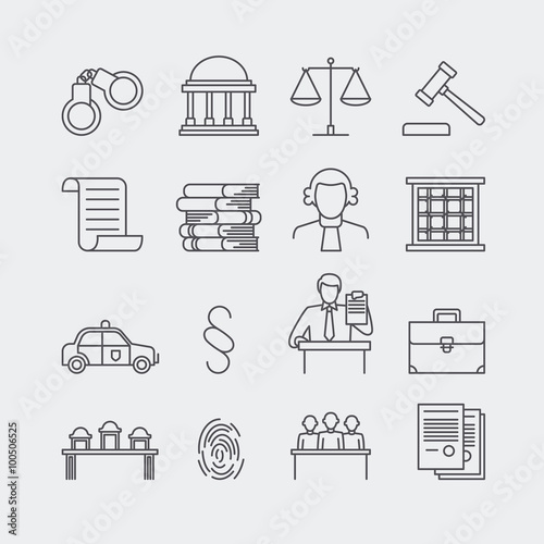 Law and justice thin line vector icons. The legal system, judge, police and lawyer