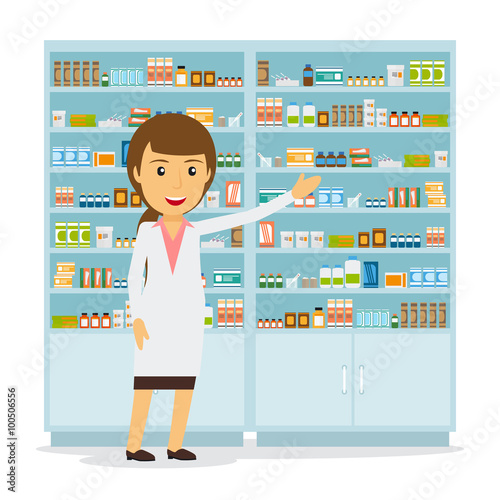 Smiling female pharmacist in pharmacy opposite shelves with medicines. Vector illustration