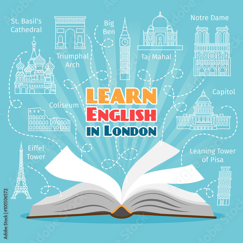 Abroad Language School. Studying foreign languages concept. Vector illustration
