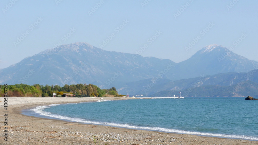 fethiye, turkey mediterranean beach by sea in spring, sunny day fethiye, turkey mediterranean beach by sea in spring, sunny day