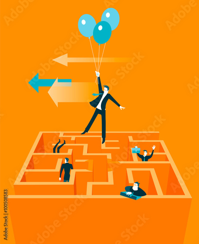 Takes off on the baloons out of the maze