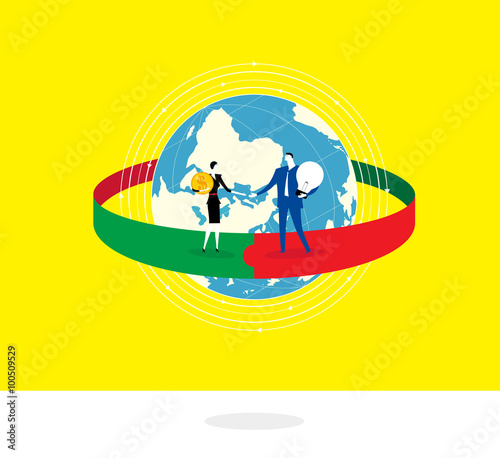 Teams / Two business people make a business deal, a businessman holding a bulb exchanges money with a business woman.