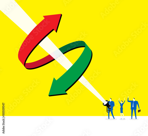 Finance arrow / One business person holding a light, and send out a light through a arrow up and down.