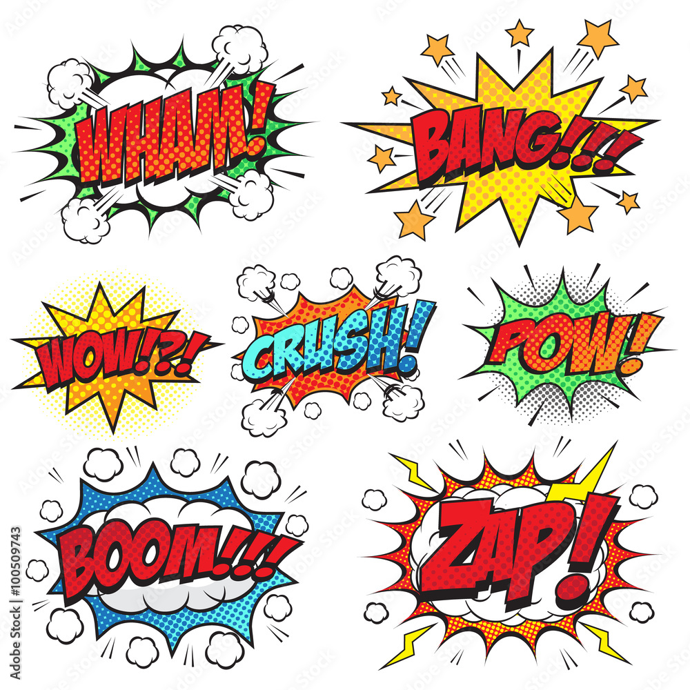 Obraz premium Comic speech bubbles set, comic wording sound effect set design for comic background, comic strip