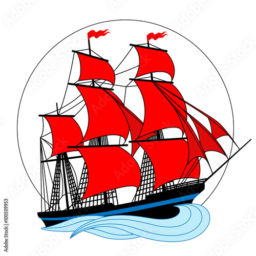 Sailing ship with red sails in a circle