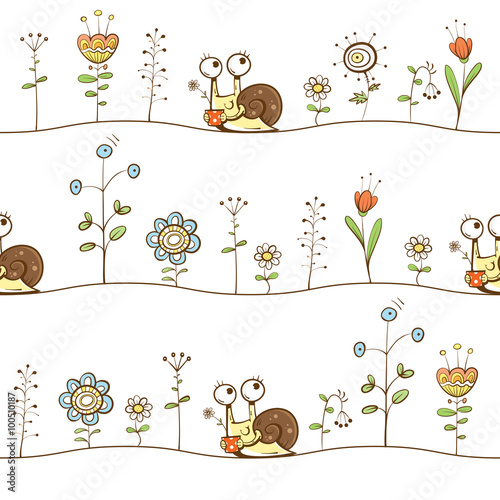 Vector spring seamless pattern with cute cartoon snails, flowers and  grass on  white background.